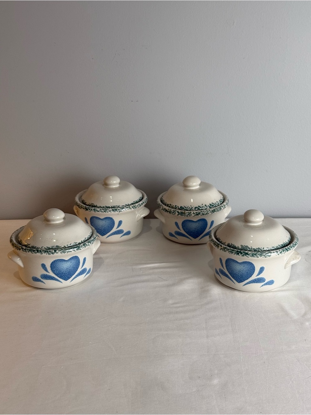 Lot of 4 Blue Heart Theme Country Style Small Lidded Crock Casserole Soup Dishes
